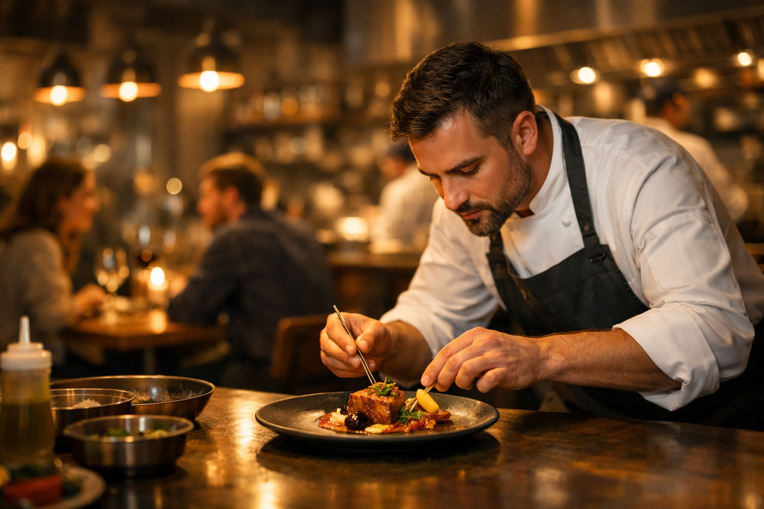 Chef carefully plating a signature dinner dish in a warmly lit restaurant kitchen