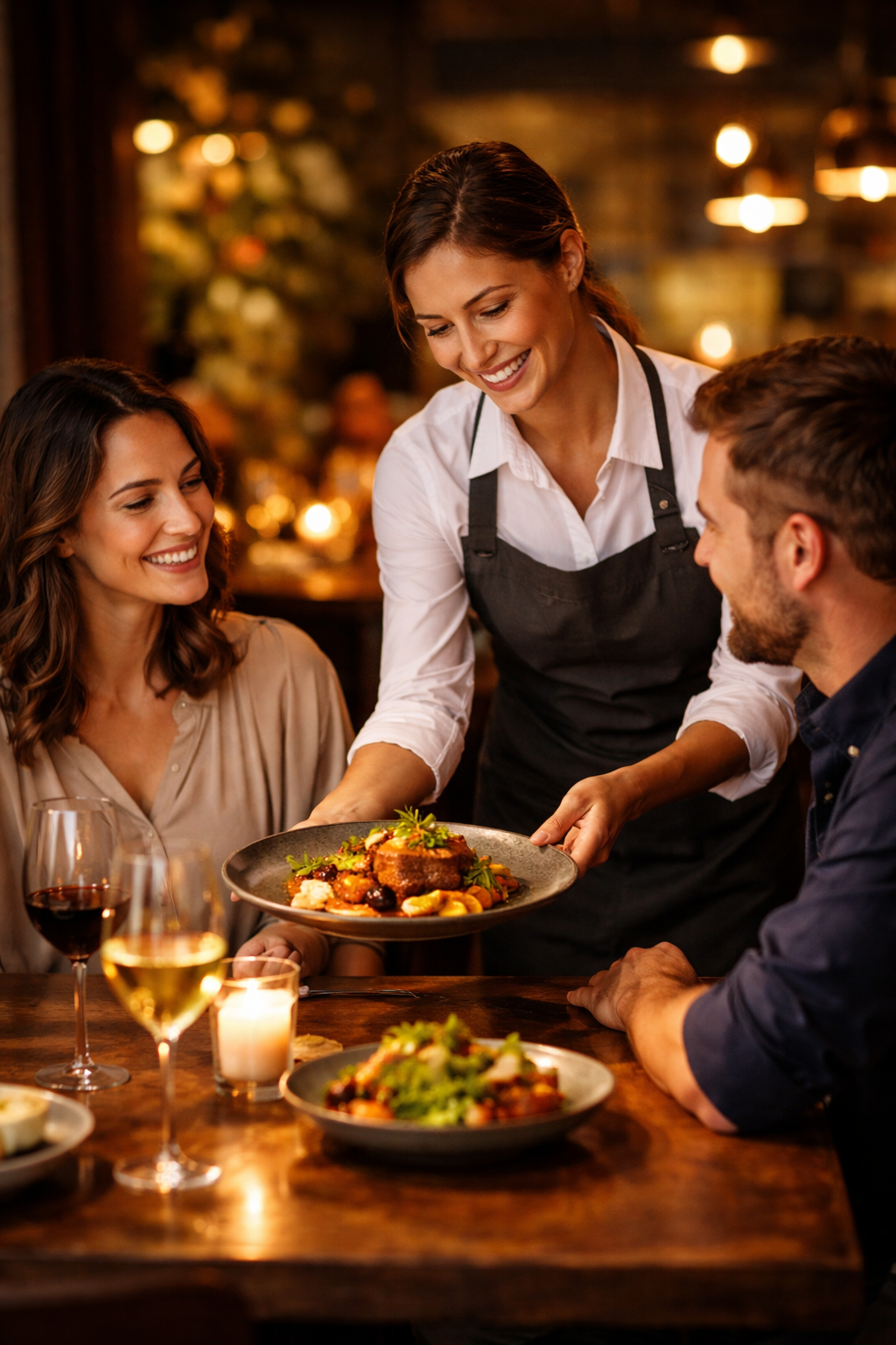 Server presenting a plated dish to smiling guests at an intimate candlelit table