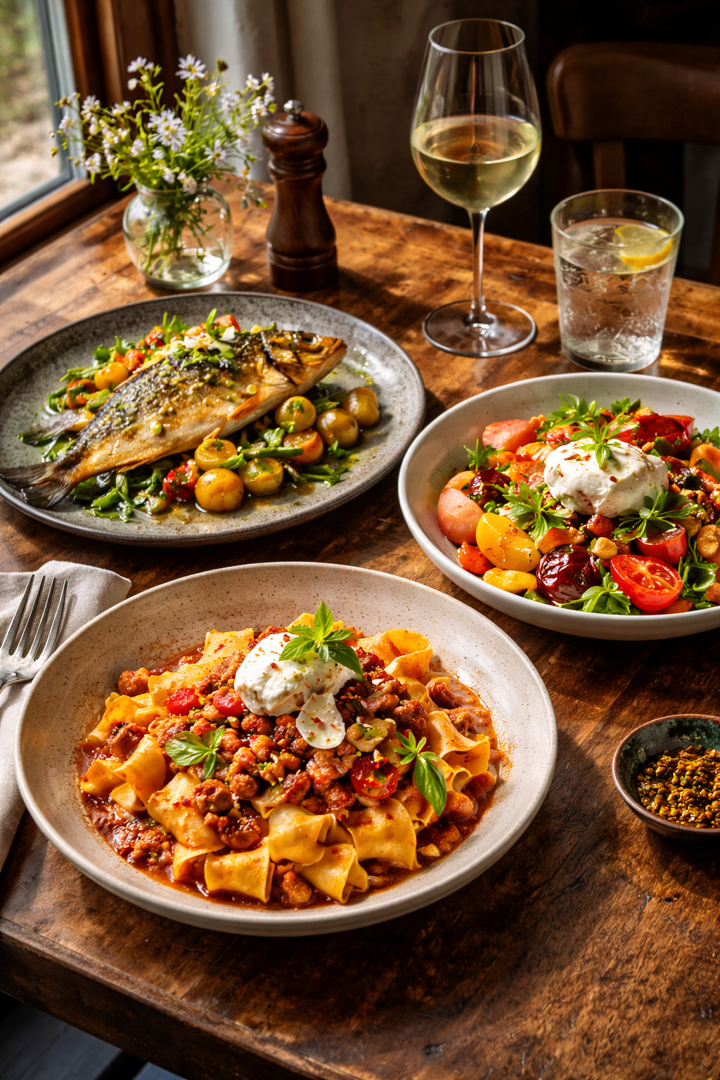 Table set with three colorful signature dishes including pasta, fish, and seasonal salad