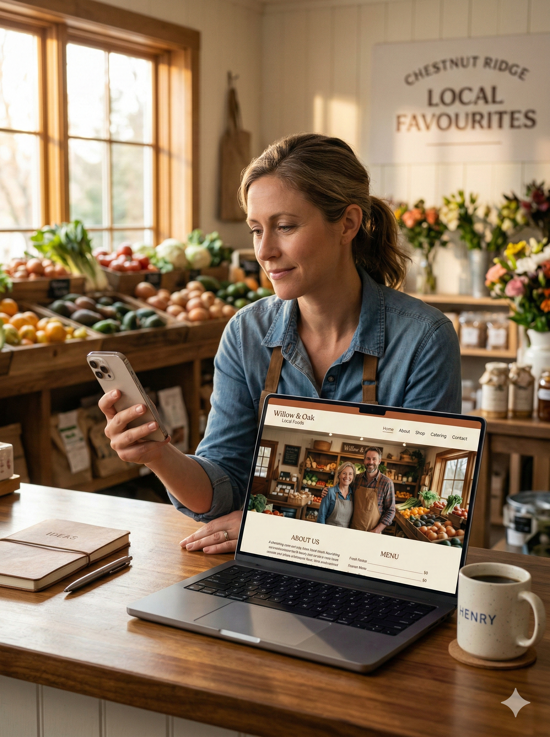 Shop owner standing at a counter with a phone and a laptop showing their website