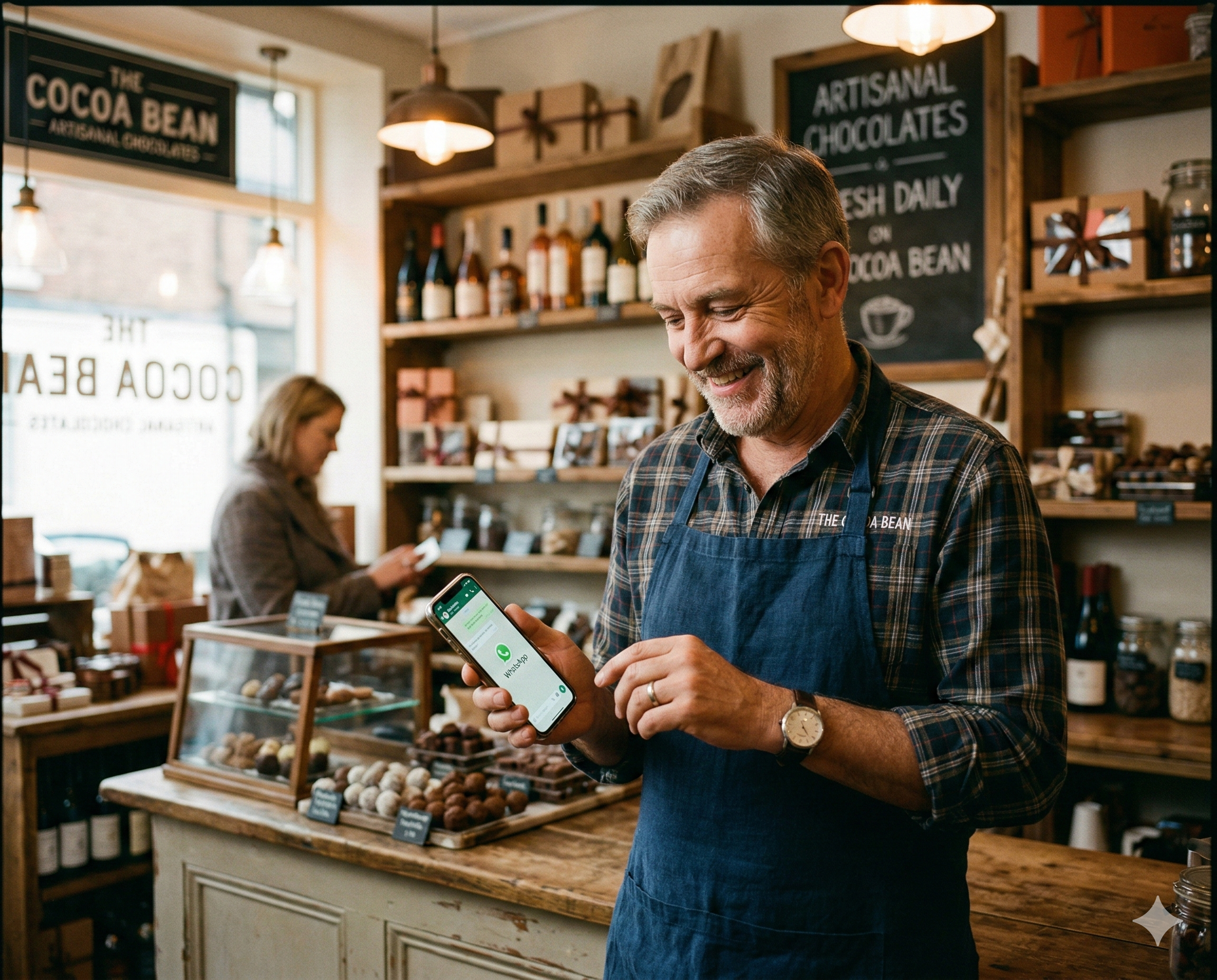 Neighborhood store owner smiling while checking WhatsApp on a phone inside a cozy retail shop