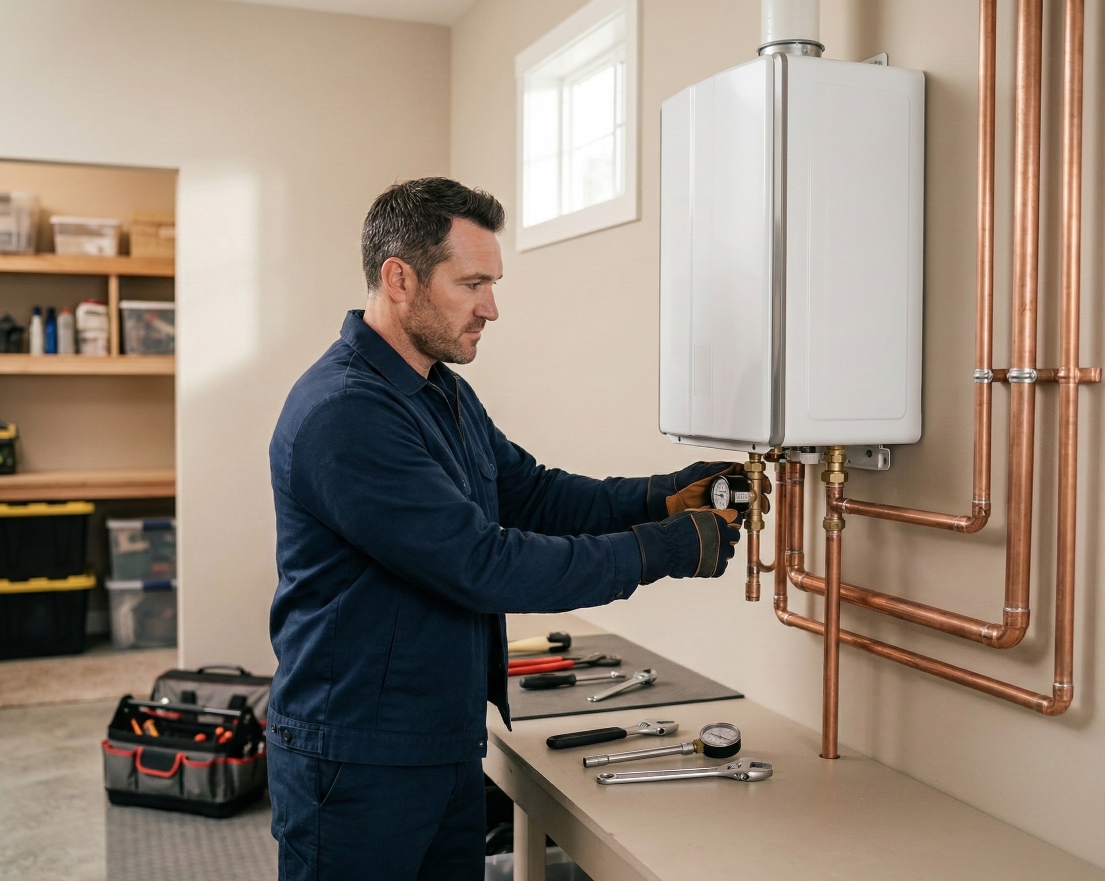 Plumber installing a residential water heater system