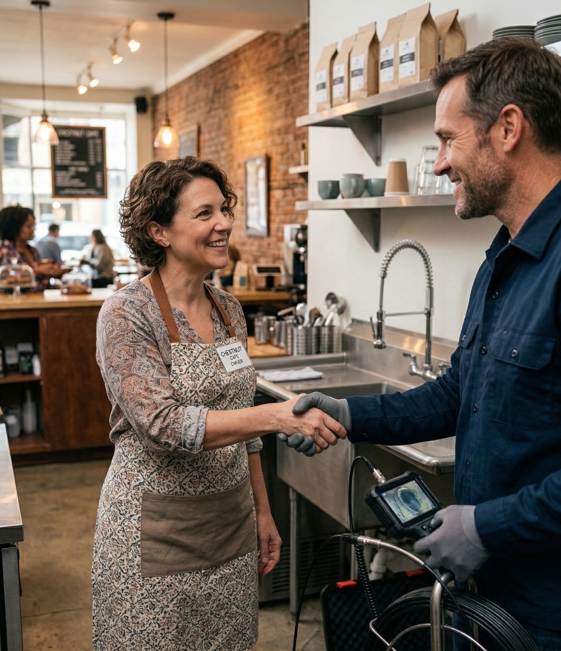 Plumber shaking hands with a local business owner after service