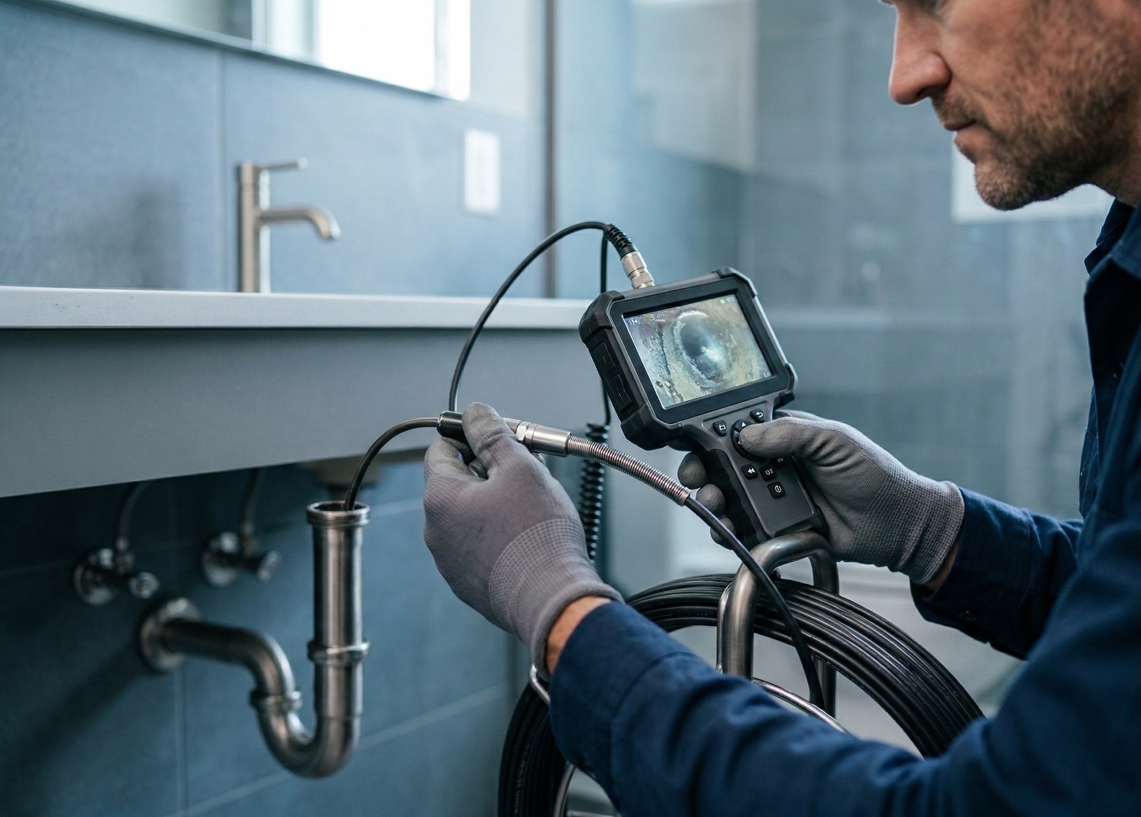 Technician using drain camera inspection equipment