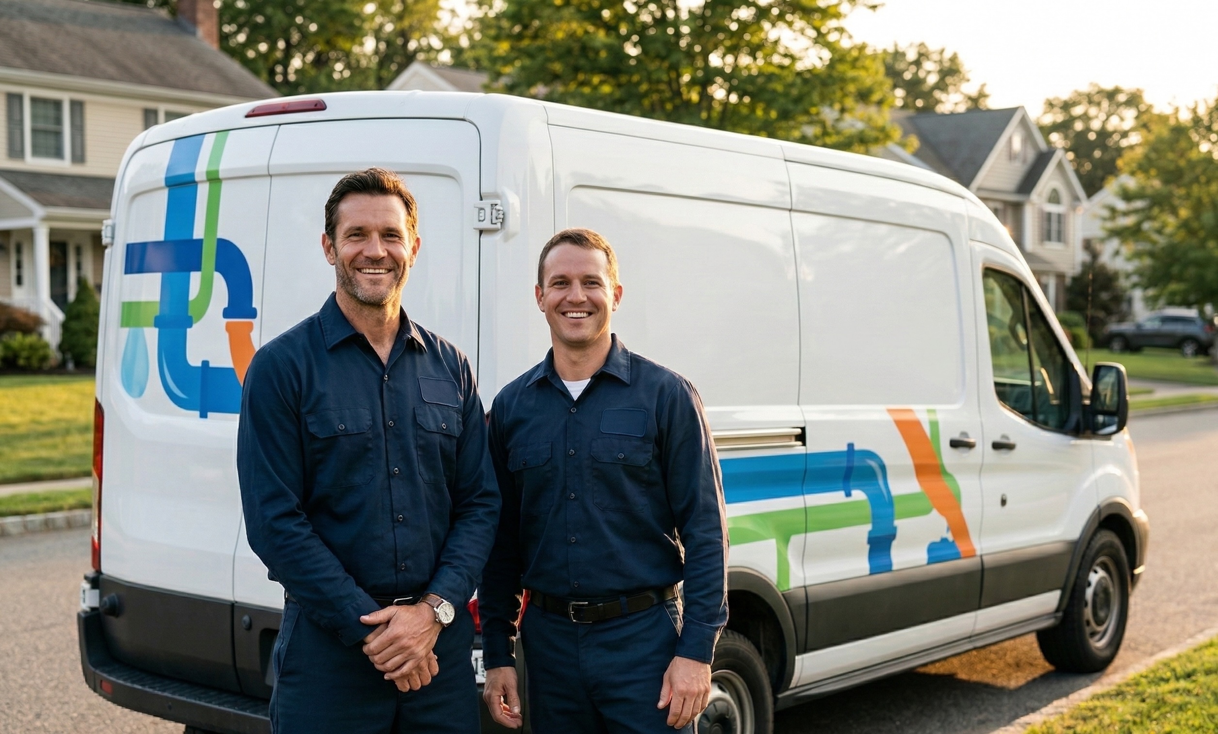 Two plumbing technicians standing in front of service van