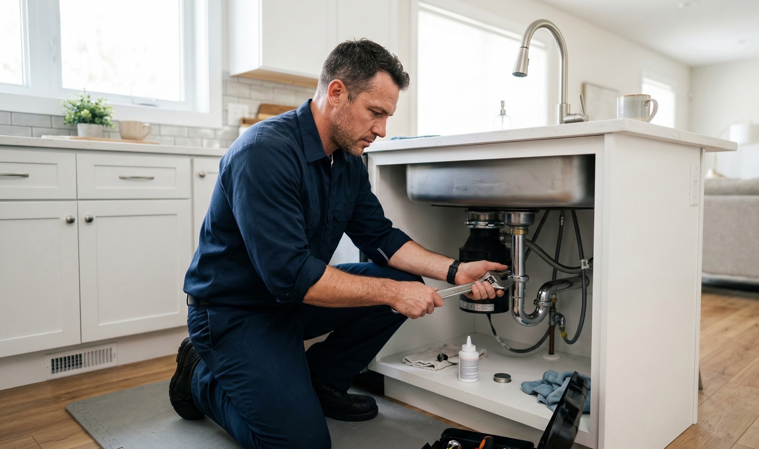Licensed plumber repairing kitchen sink plumbing