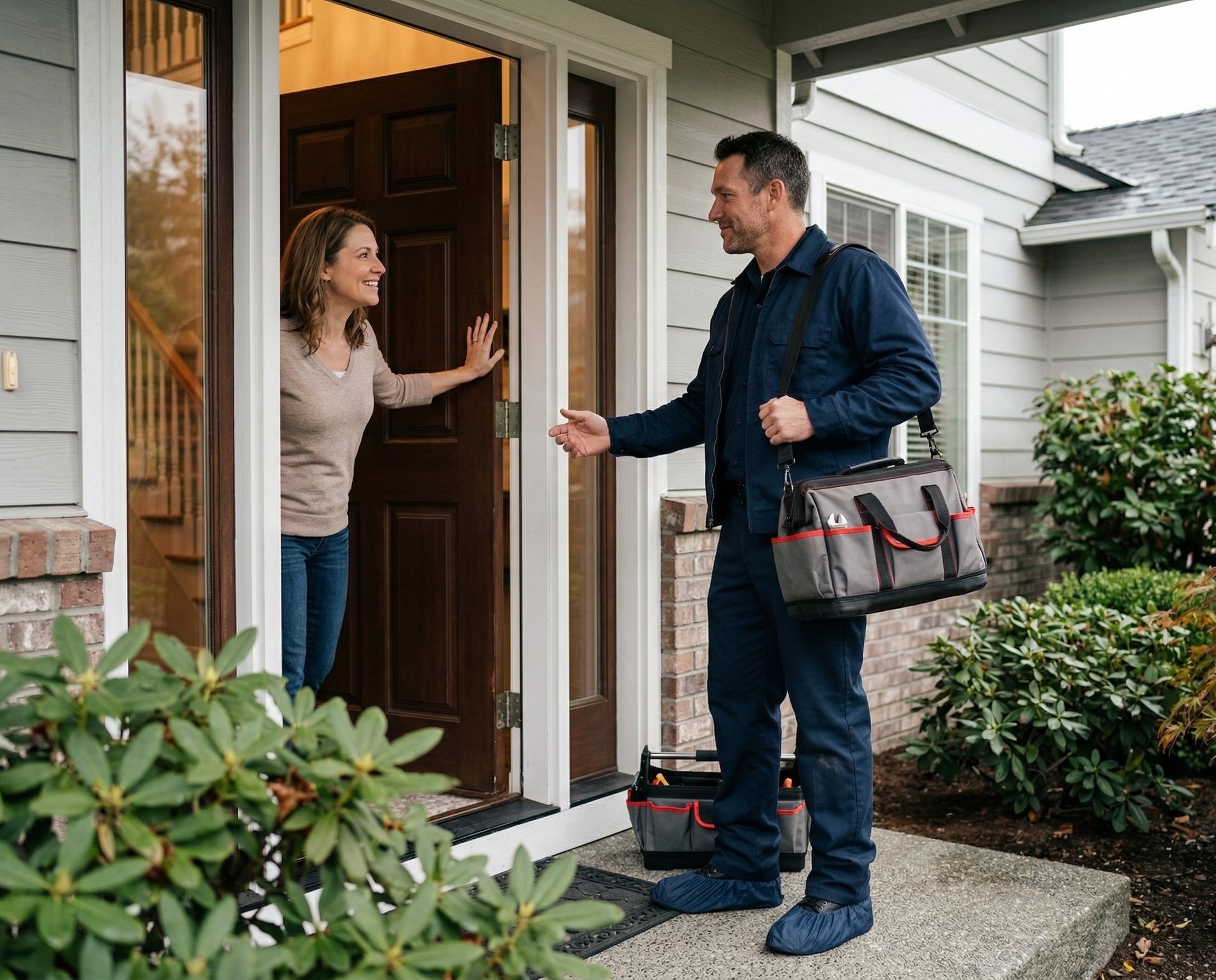 Plumber arriving at customer doorstep for a service call