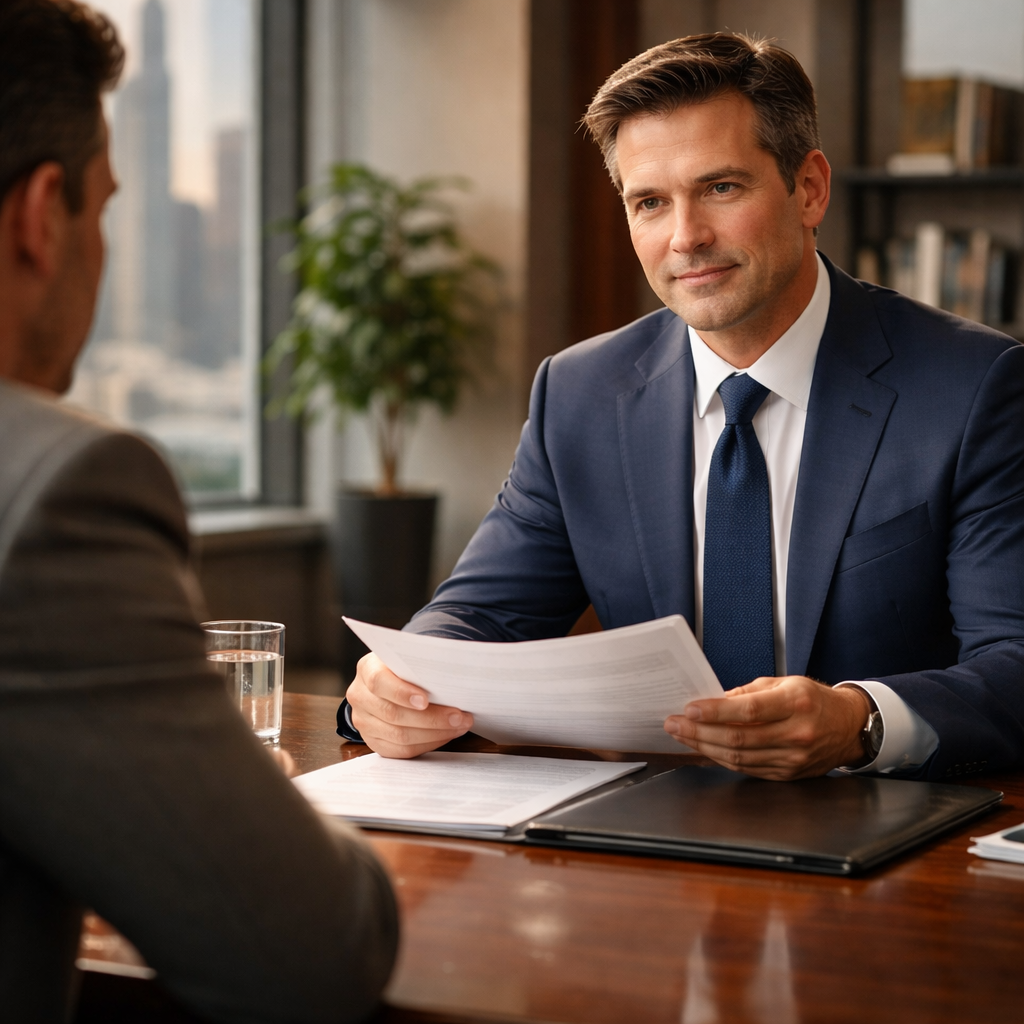 Attorney reviewing documents with a client during a consultation meeting
