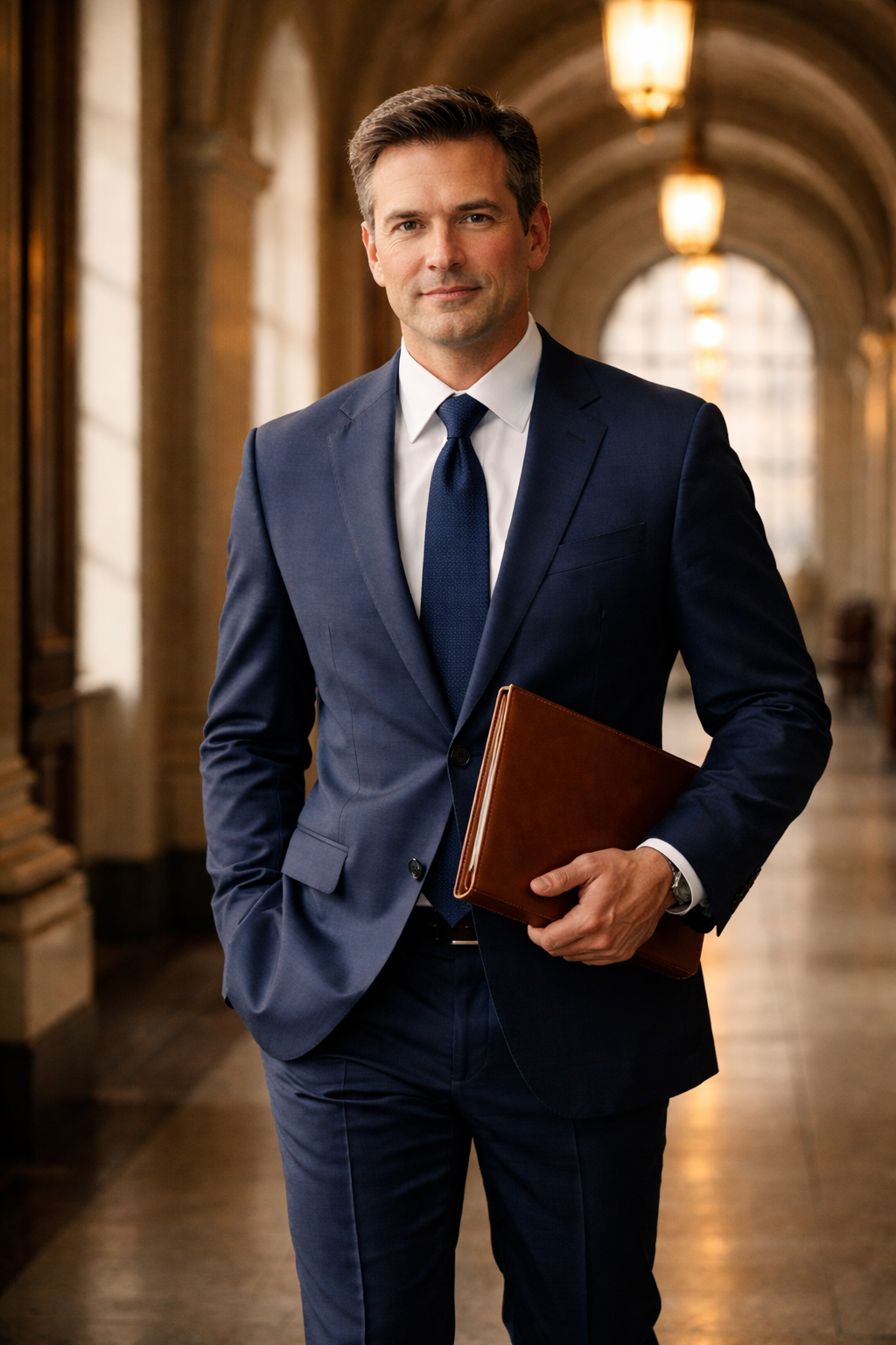 Attorney in a courthouse corridor holding case documents