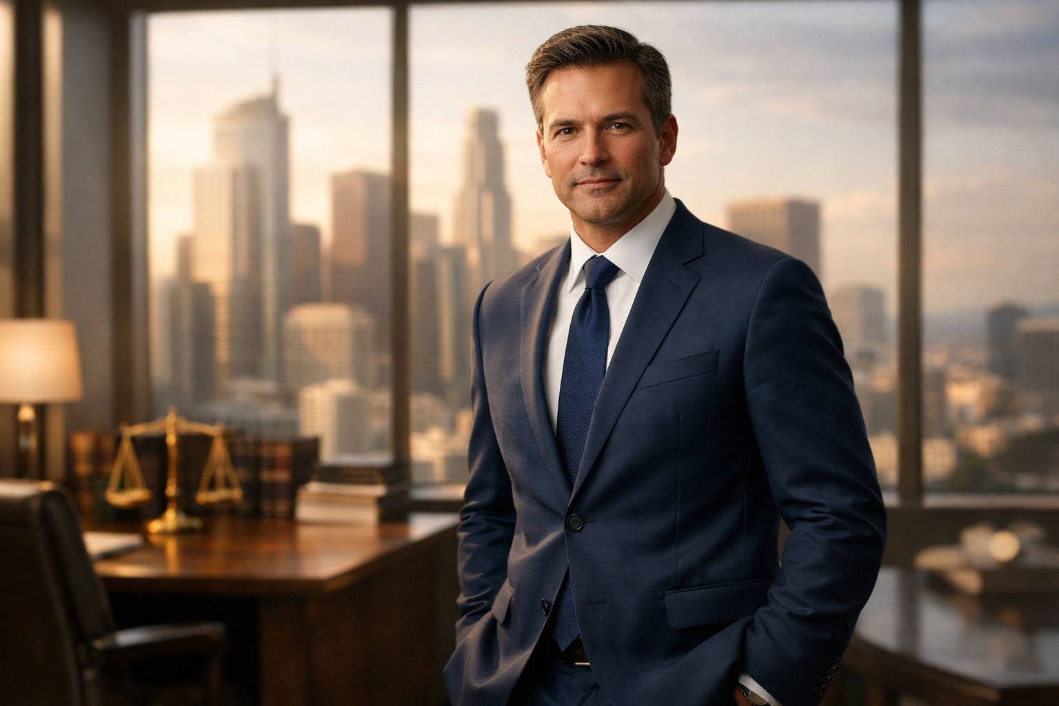 Attorney standing confidently in a modern office with city skyline backdrop